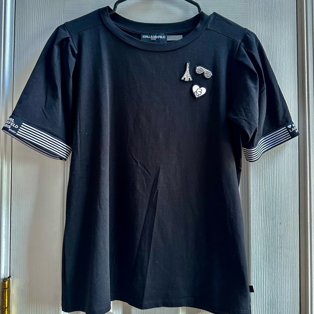 Karl Lagerfeld Paris Women’s T-shirt XS Blk Embroidered Patches Puff Sleeve